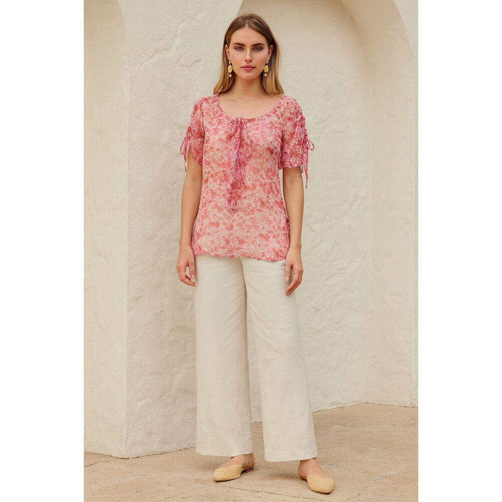 Sundance Silk Tie Ruched Sleeves with Floral Print Blouse M